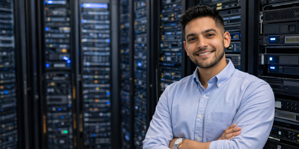 Young man in a data center with servers, representing IT education at Platt College.