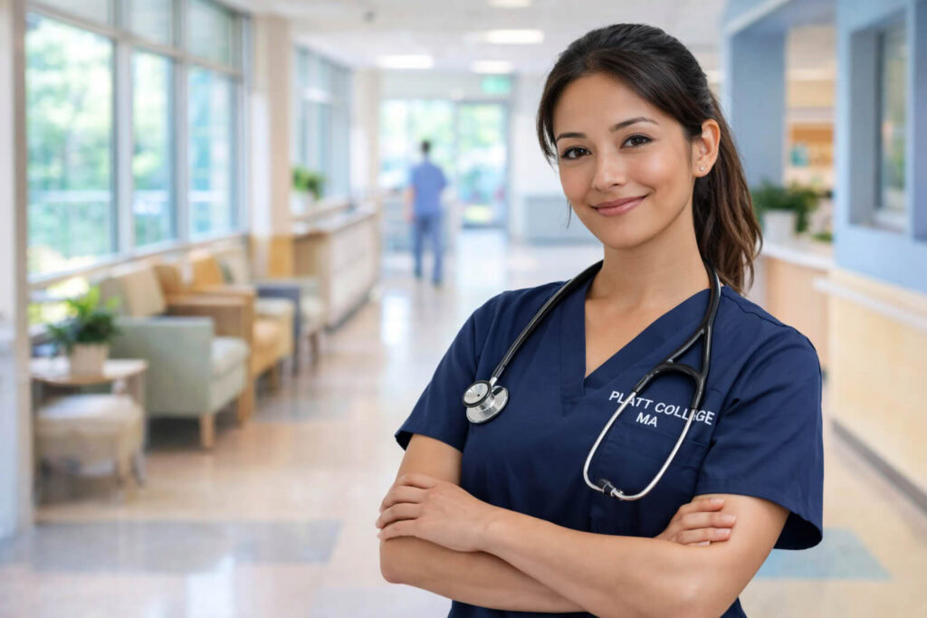 Smiling female medical assistant in scrubs with stethoscope in hospital corridor.