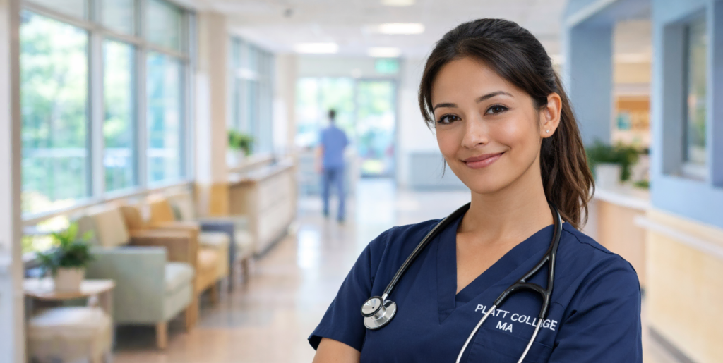 Smiling female medical assistant in scrubs with stethoscope in hospital corridor.