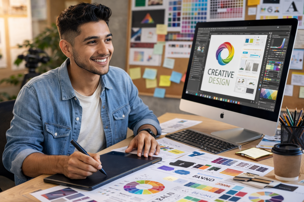 Young male graphic designer working on digital art at desk with computer and color samples.