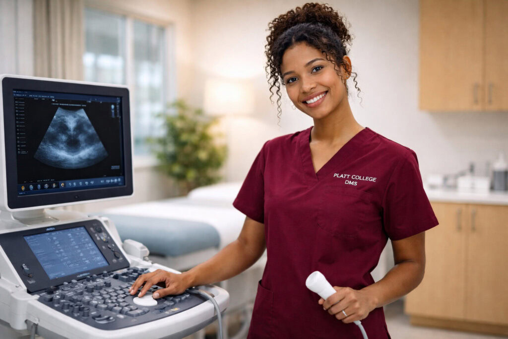 Young female medical student at Platt College using ultrasound equipment.