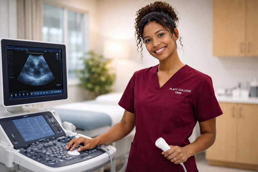 Young female medical student at Platt College using ultrasound equipment.
