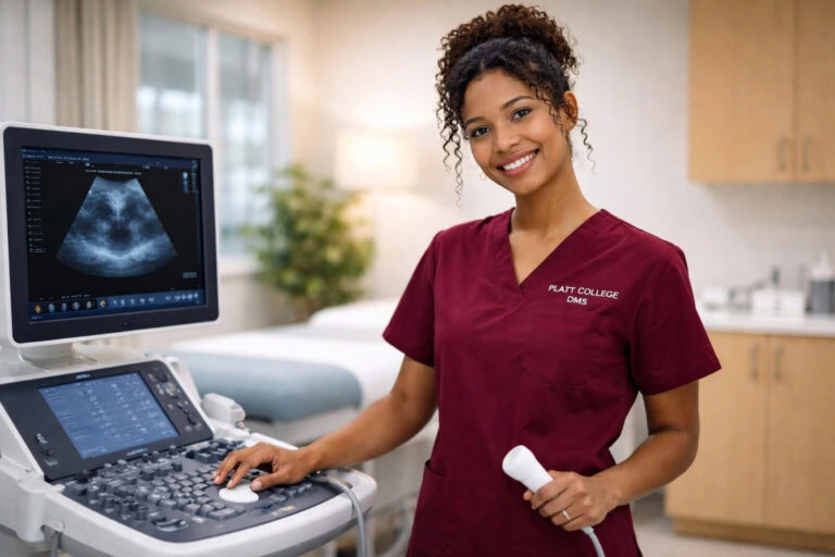 Young female medical student at Platt College using ultrasound equipment.