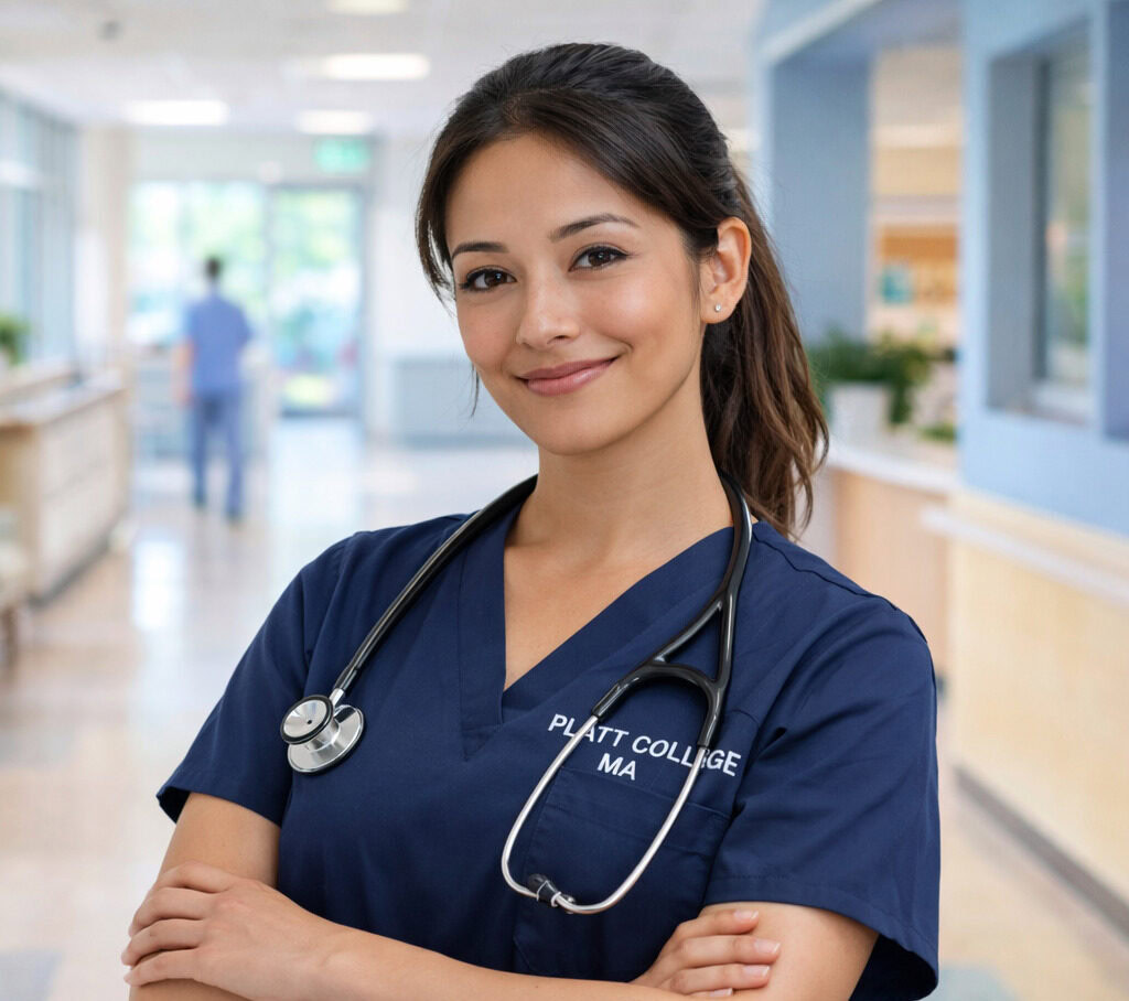 Nursing student in scrubs with stethoscope at Platt College hospital.