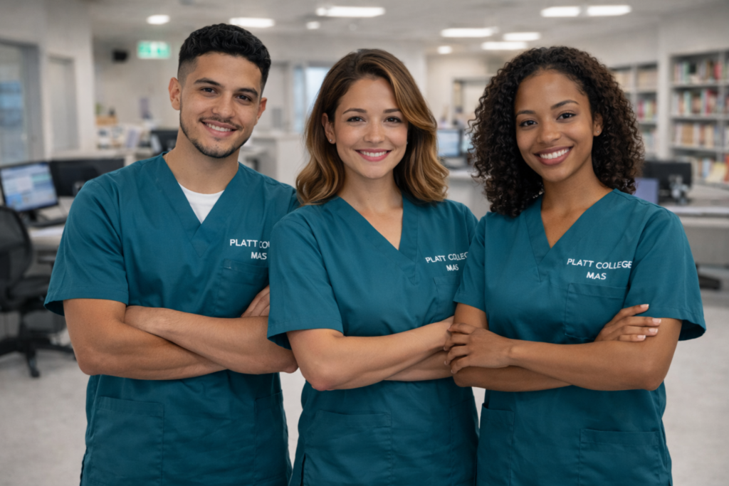 Three diverse medical students in blue scrubs smiling in a library setting.
