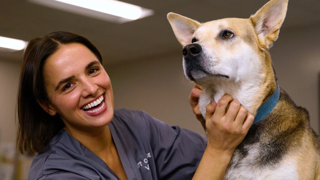 Veterinary student with a dog in a clinical setting at Platt College.
