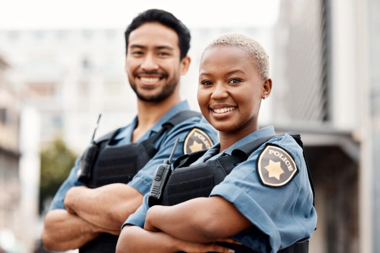 Two diverse police officers smiling confidently outdoors in uniform.