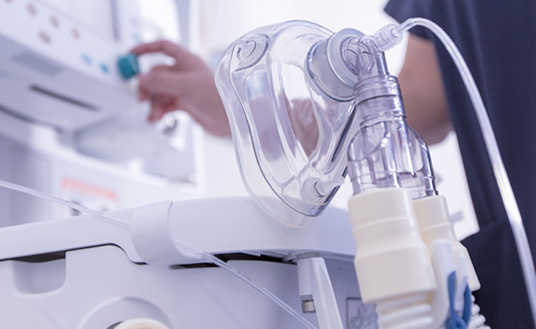 Close-up of respiratory therapy equipment used in healthcare training.