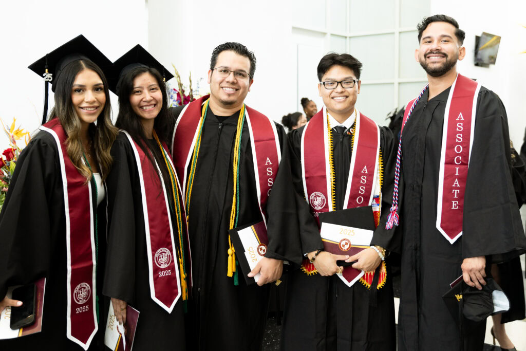 Group of diverse graduates in caps and gowns at Platt College.