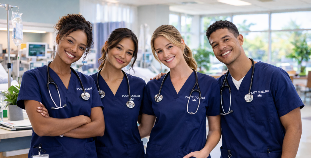 Group of diverse nursing students in scrubs smiling in a clinical setting.